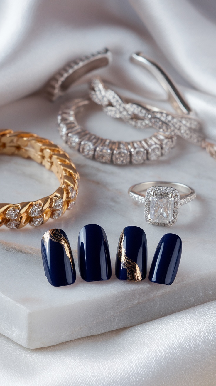 A close-up of navy blue nails with gold accents, surrounded by elegant jewelry on a marble surface.