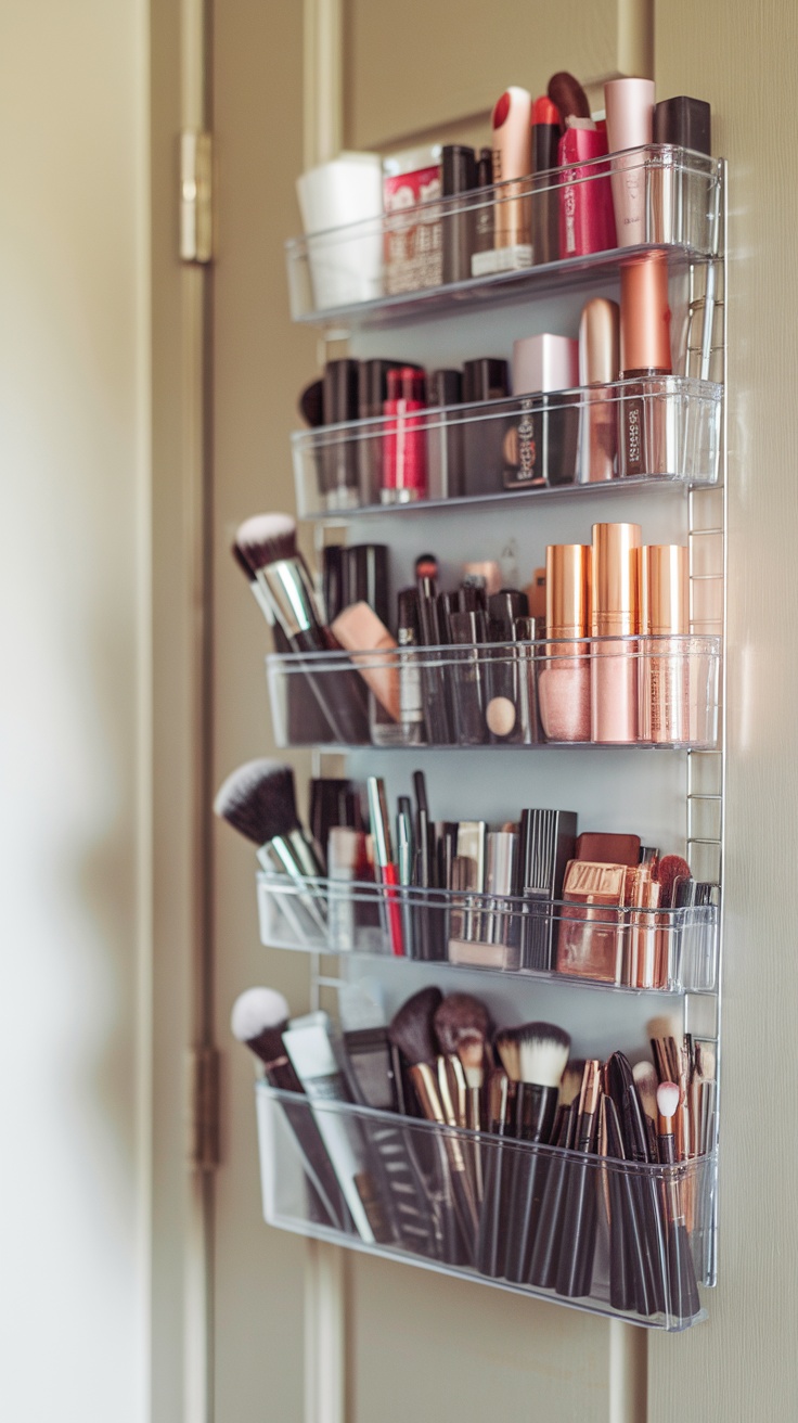 Clear over-the-door organizer filled with various makeup products and brushes