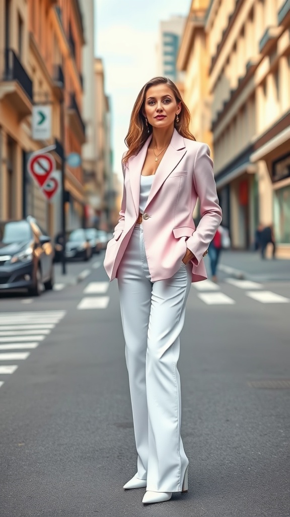 A woman wearing a pastel pink blazer and white trousers stands confidently on a city street.