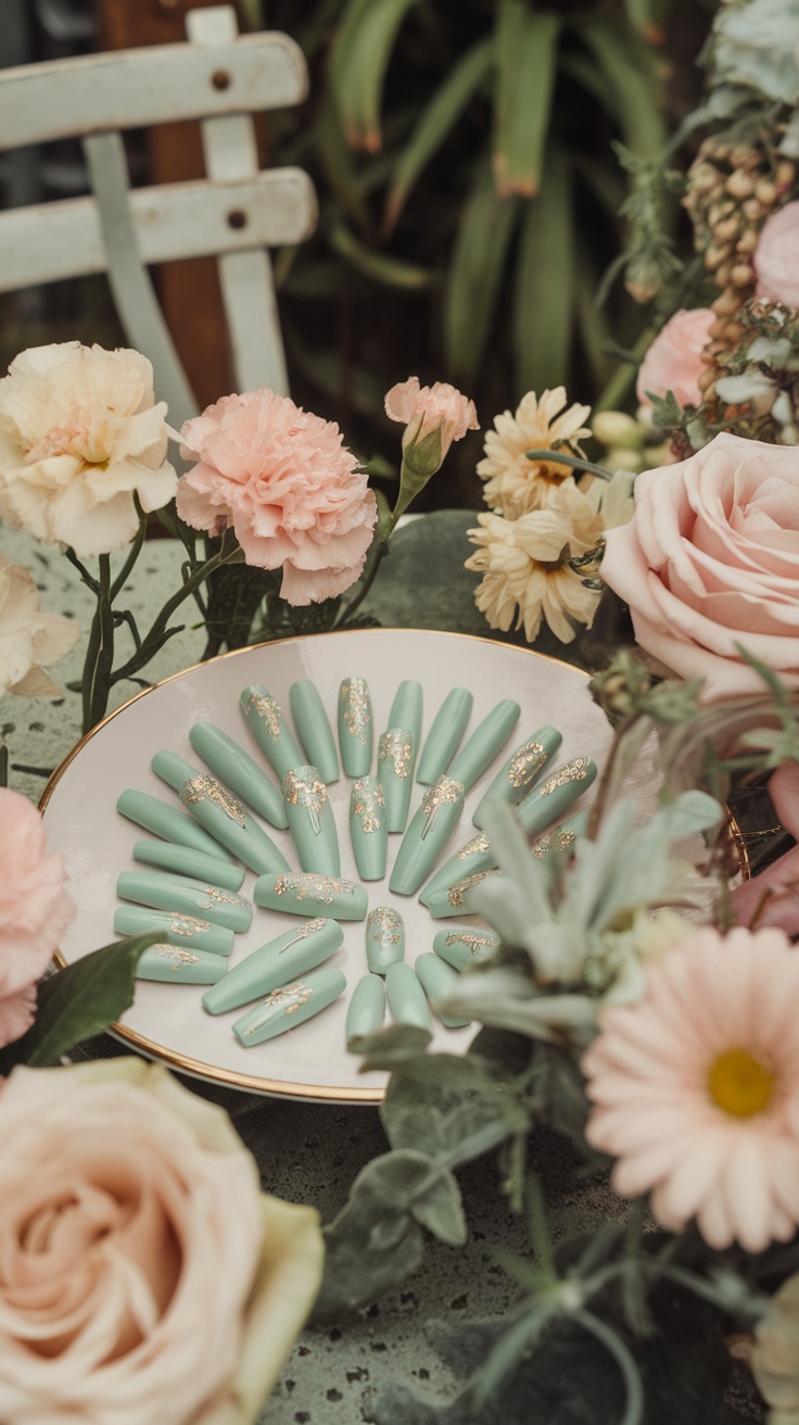 Pastel green nails with gold foil details displayed on a decorative table surrounded by flowers.