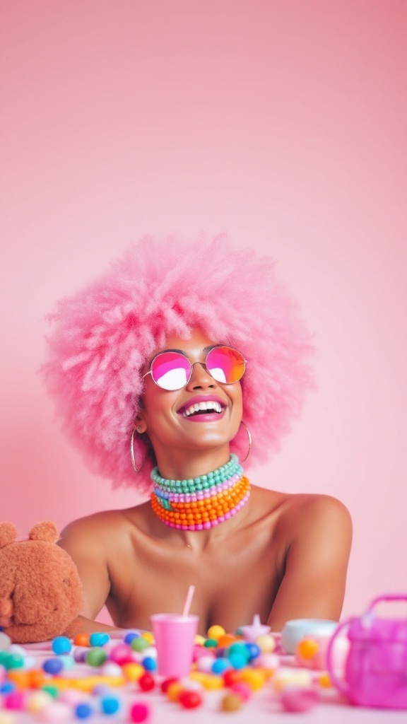 A woman with a pastel pink afro hairstyle, wearing colorful accessories and sunglasses, smiling brightly in a playful setting.