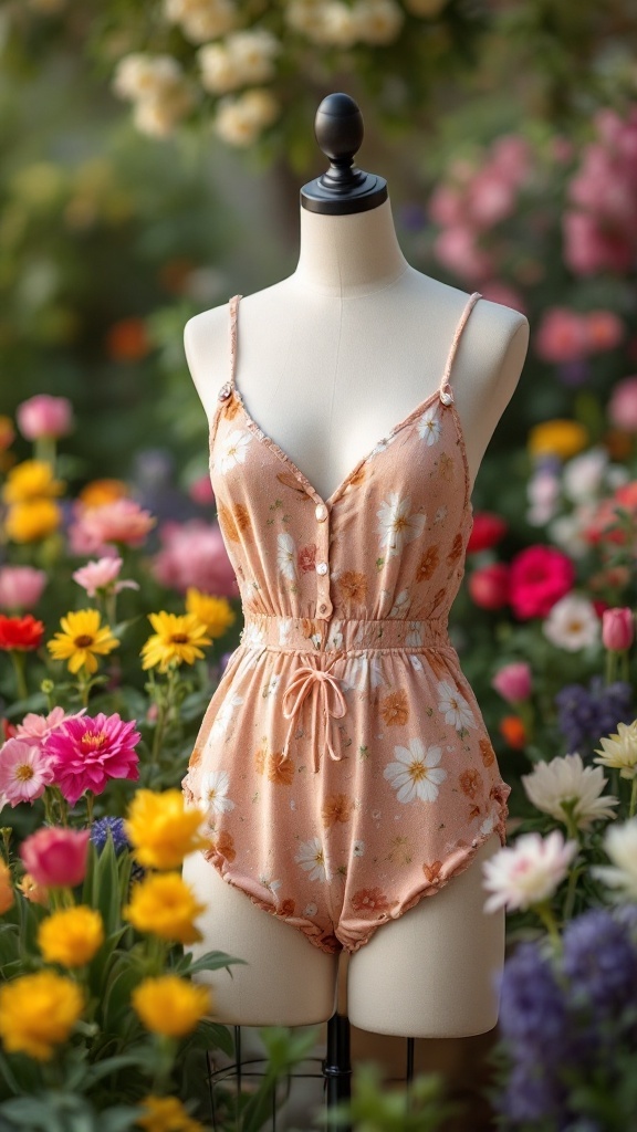 A playful peach floral romper displayed amongst colorful flowers.