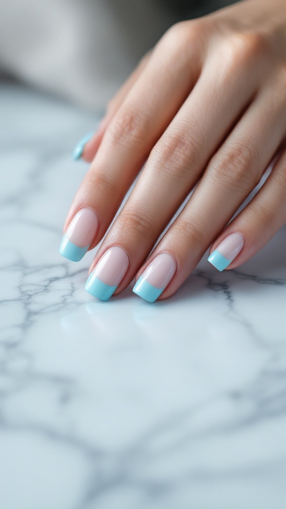 Nails featuring a powder blue French tip design on a marble surface.