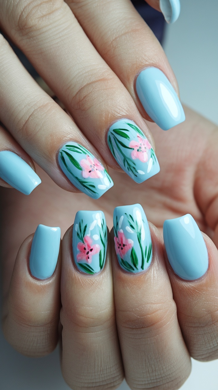 Close-up of powder blue nails with floral designs on a hand holding a sprig of flowers.