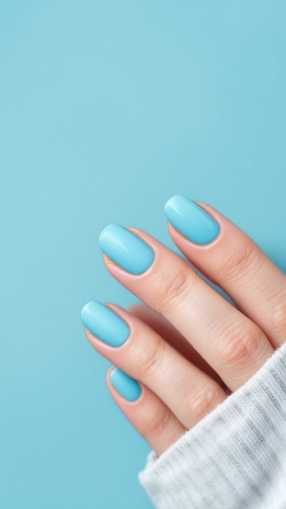 Hand with powder blue nails against a light blue background