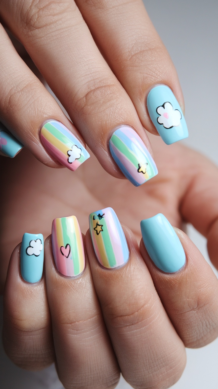 Powder blue nails with pastel rainbow accents and cloud designs