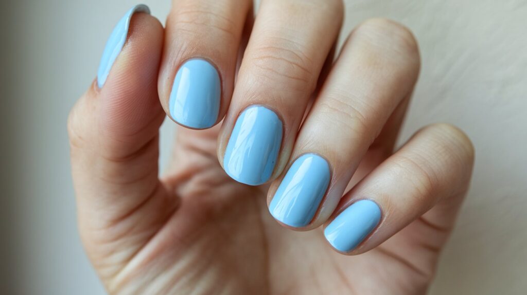 A close-up shot of a hand with nails painted in powder blue. The nails have a smooth finish with a slight curve at the tip. The cuticles are well-maintained and pushed back. The background is a light beige wall.