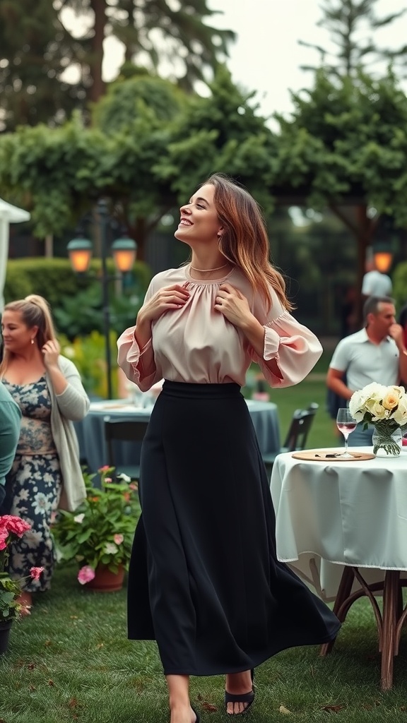 A woman wearing a puffy sleeve top and a midi skirt, smiling at an outdoor gathering.