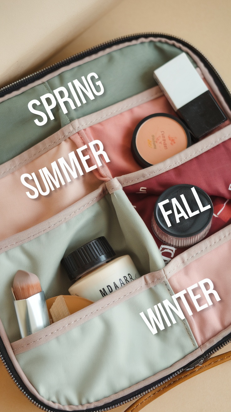 An organized makeup bag divided into four sections labeled for each season: spring, summer, fall, and winter.