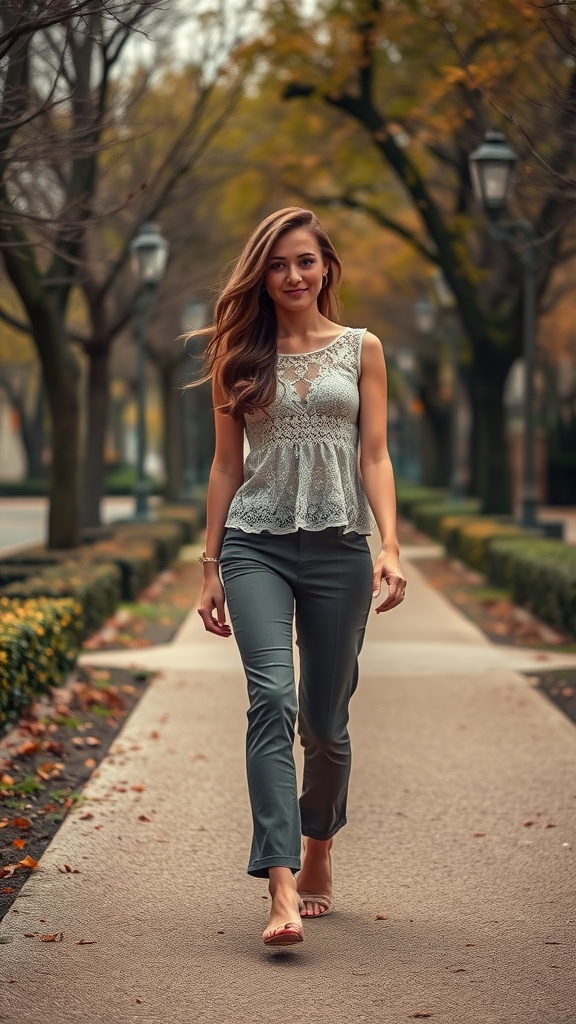 A woman wearing a romantic lace top and tailored pants walking on a path lined with trees.