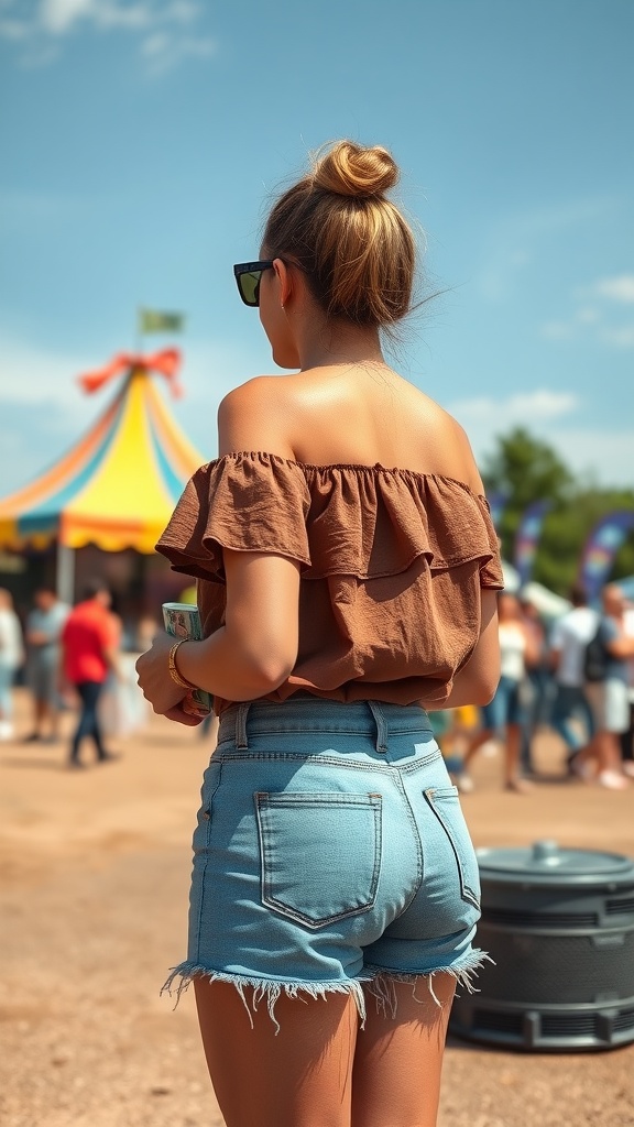 Woman wearing a ruffled off-shoulder blouse and denim shorts, enjoying a sunny day outdoors.