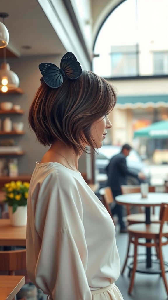 A woman with a shoulder-length butterfly haircut, wearing a butterfly hair accessory in a cafe setting.