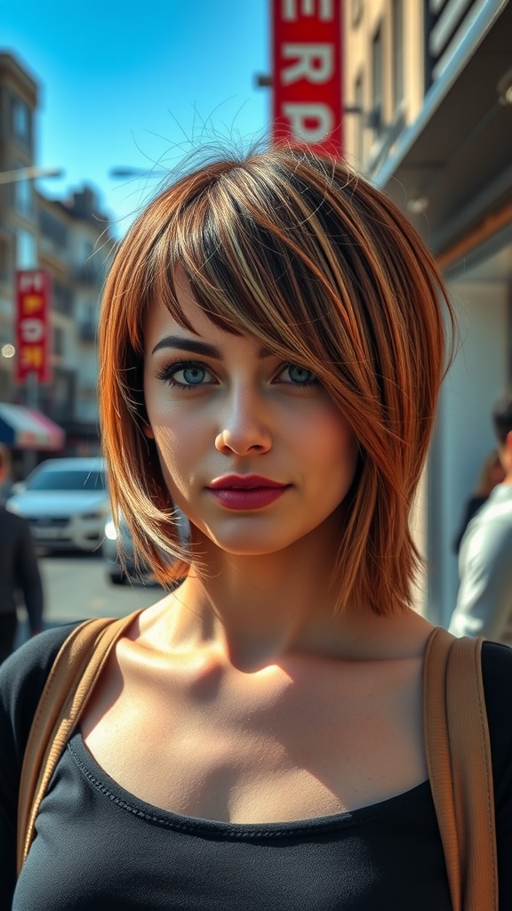 A woman with a shoulder-length shag hairstyle, featuring warm tones and a textured cut.