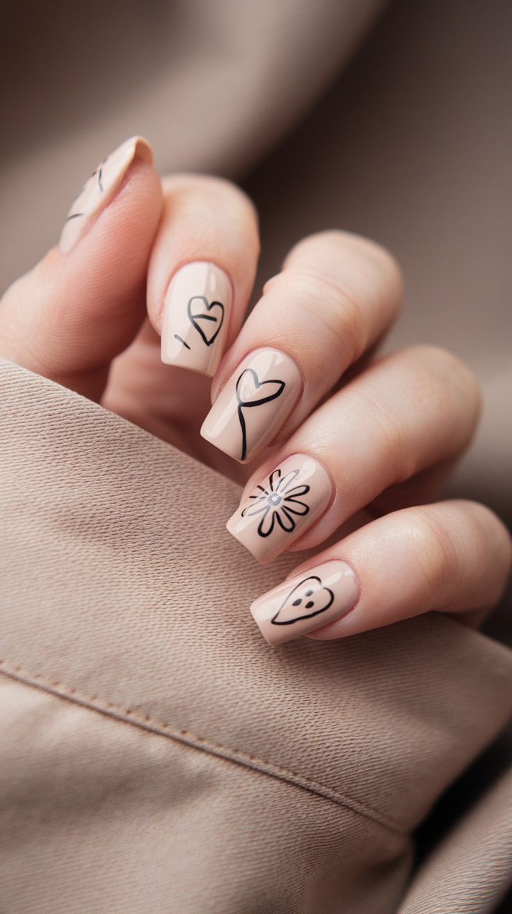 A close-up of hands displaying soft beige nails with minimalist black art including hearts and a flower