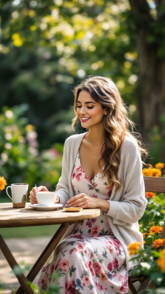 A woman sitting in a garden, wearing a floral midi dress with a soft cardigan, holding a cup of coffee