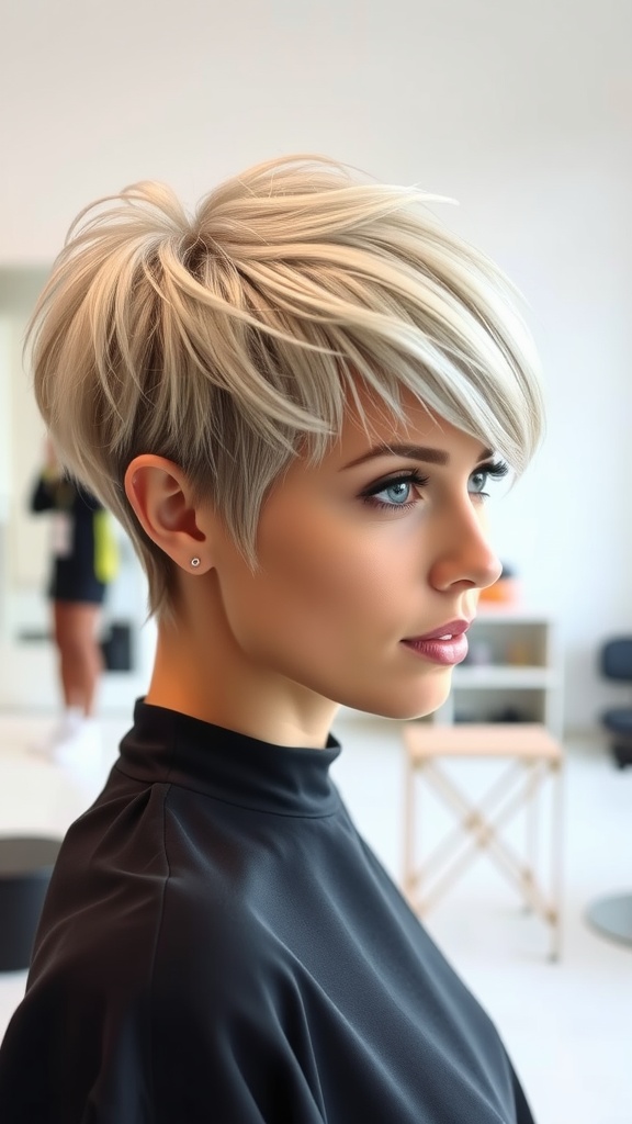 A woman with a sophisticated layered pixie haircut, showcasing soft blonde layers and a stylish look.