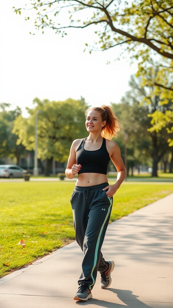 A woman jogging in a sporty crop top and joggers on a sunny day