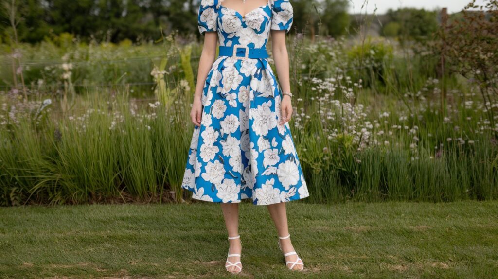 A photo of a woman wearing a spring outfit. She is wearing a floral dress with a blue background and white flowers. The dress has a sweetheart neckline and is knee-length. She wears a pair of white sandals and a blue belt around her waist. The background is a lush green field with wildflowers.