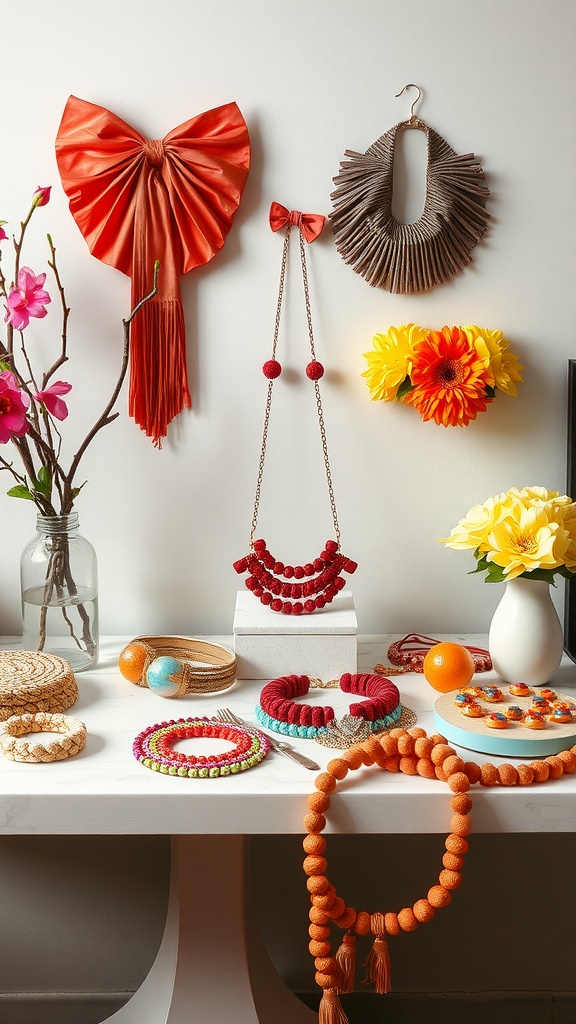 A beautifully arranged table with colorful vases, flowers, and a clock, embodying a fresh spring aesthetic.