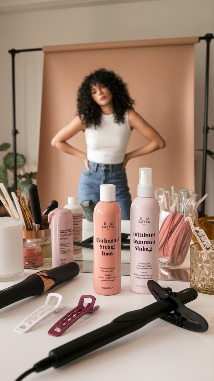 A variety of styling products for short curly hair displayed on a vanity, including bottles of curl-enhancing cream and gel, alongside styling tools.