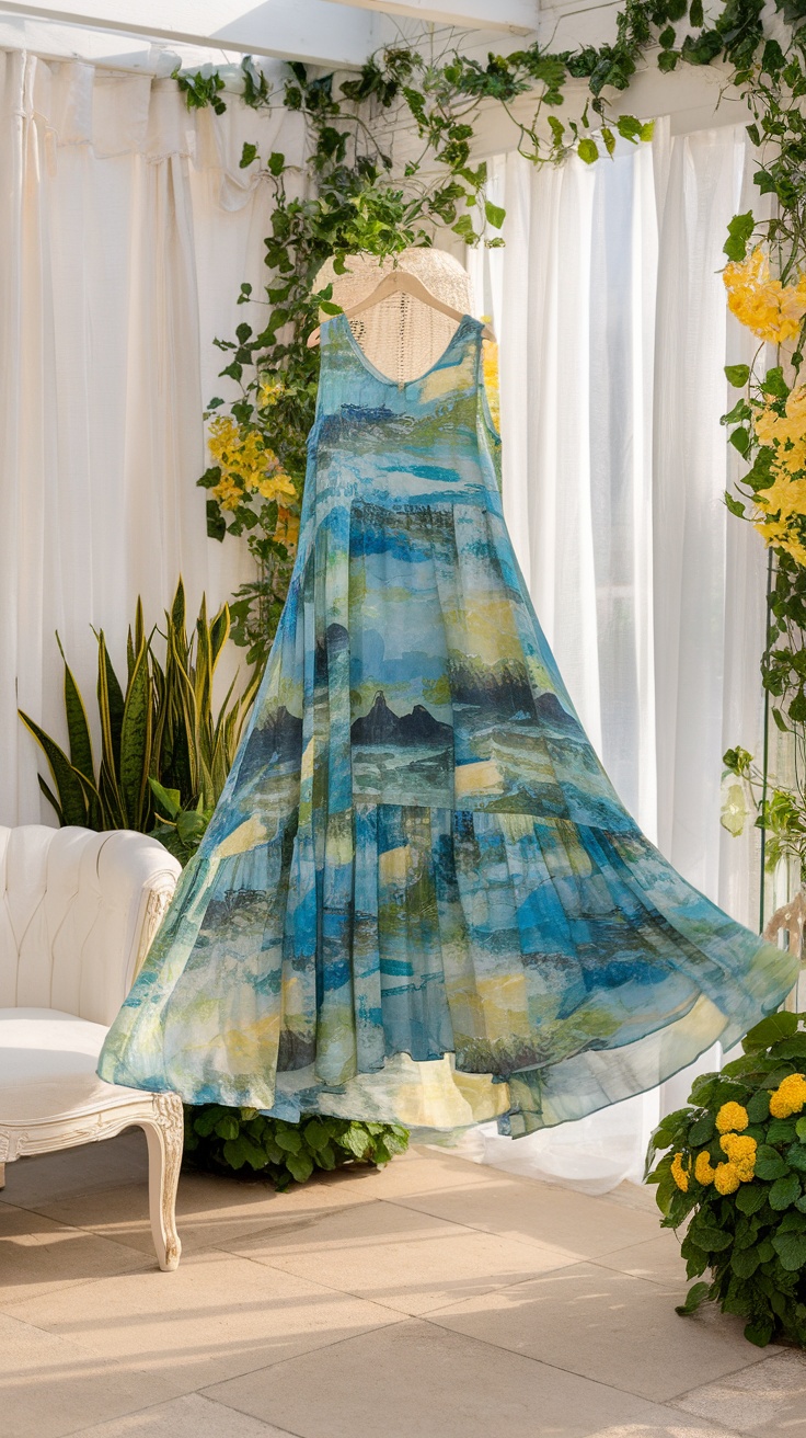 A vibrant maxi dress with blue and green patterns hanging in a bright setting surrounded by greenery.