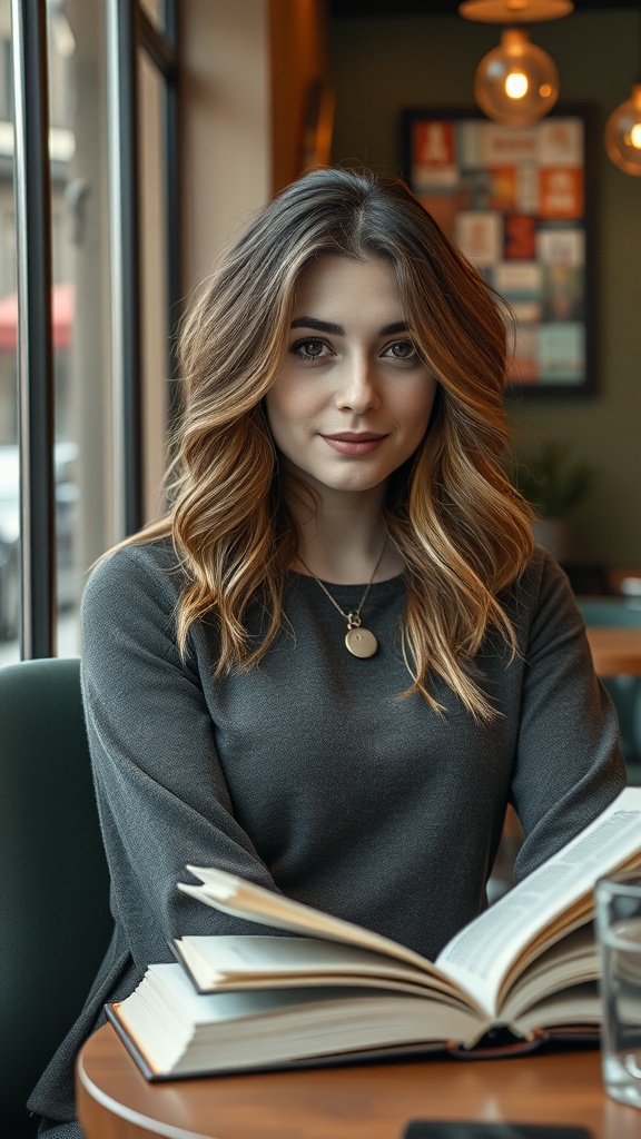 A woman sitting in a café with textured layered hair and highlights, reading a book.