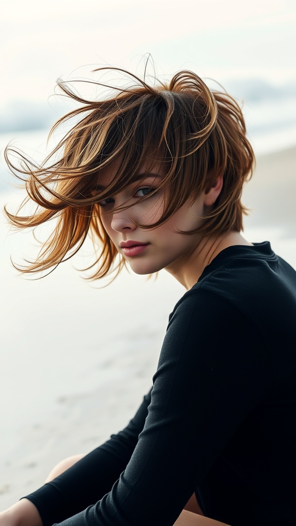 A woman with a textured wavy butterfly haircut, sitting on the beach with wind-swept hair.