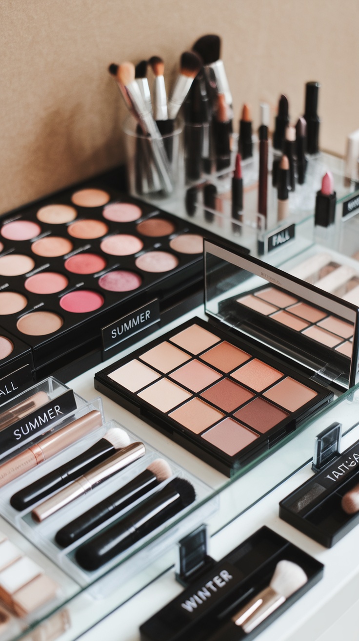Organized makeup palettes and brushes categorized by seasons