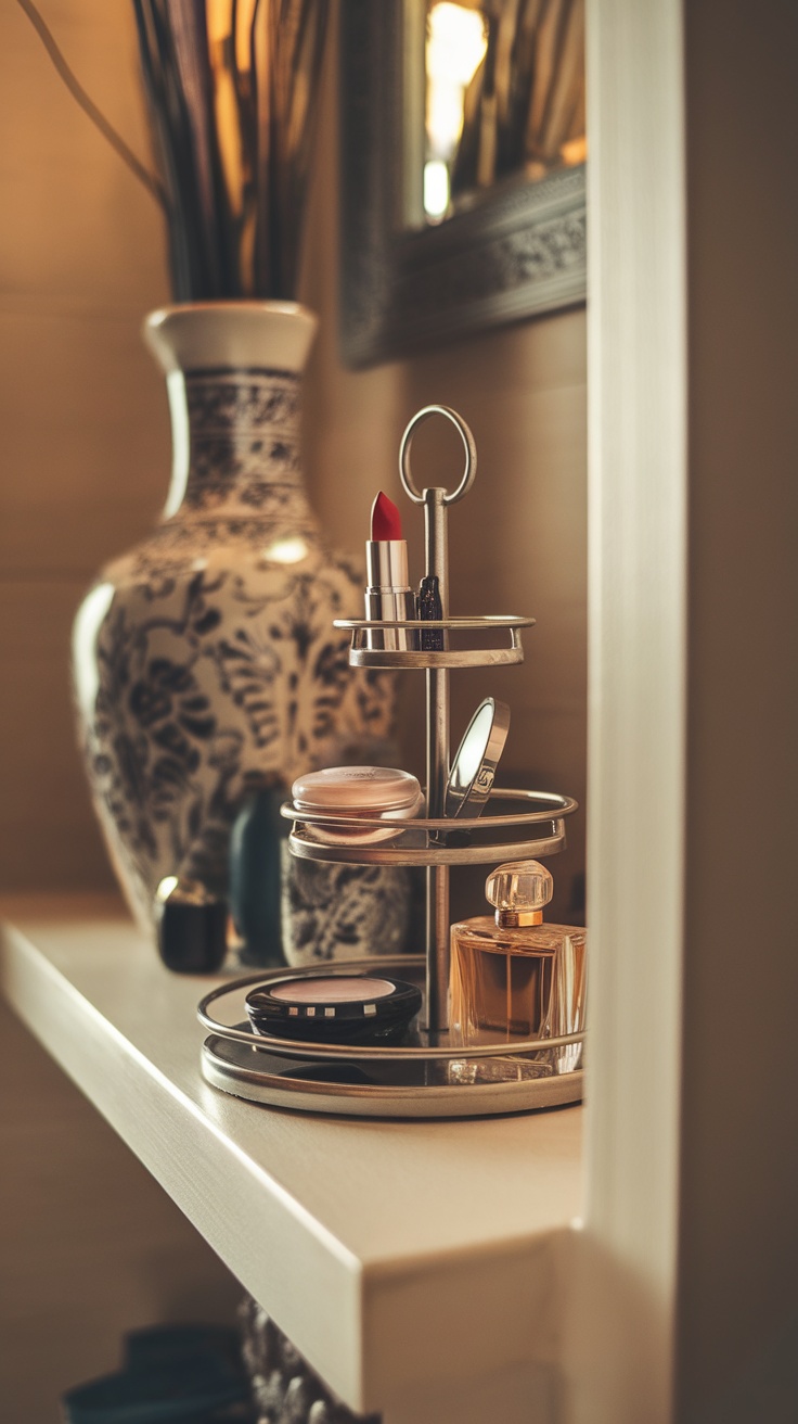 A tiered makeup stand displaying various beauty products including lipstick, compact, and perfume.