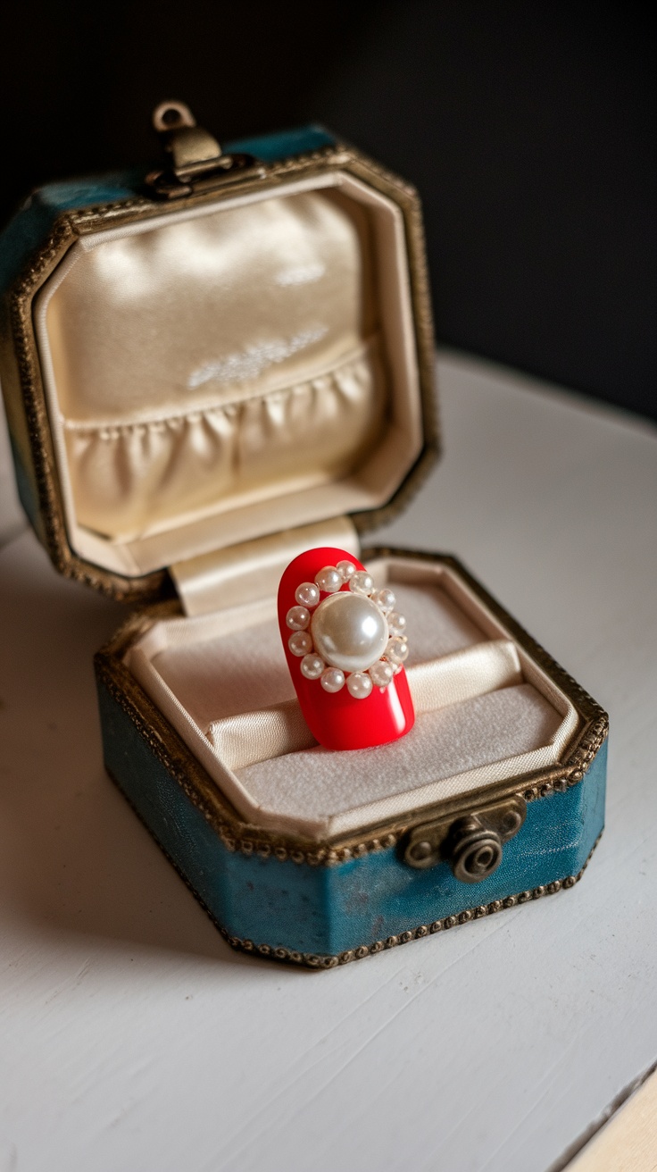 A red nail with pearl embellishments displayed in a vintage jewelry box.