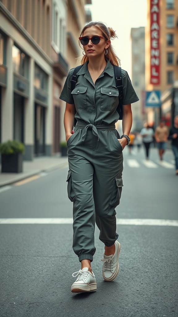 A woman wearing a green utility jumpsuit with sneakers, walking in a city street.