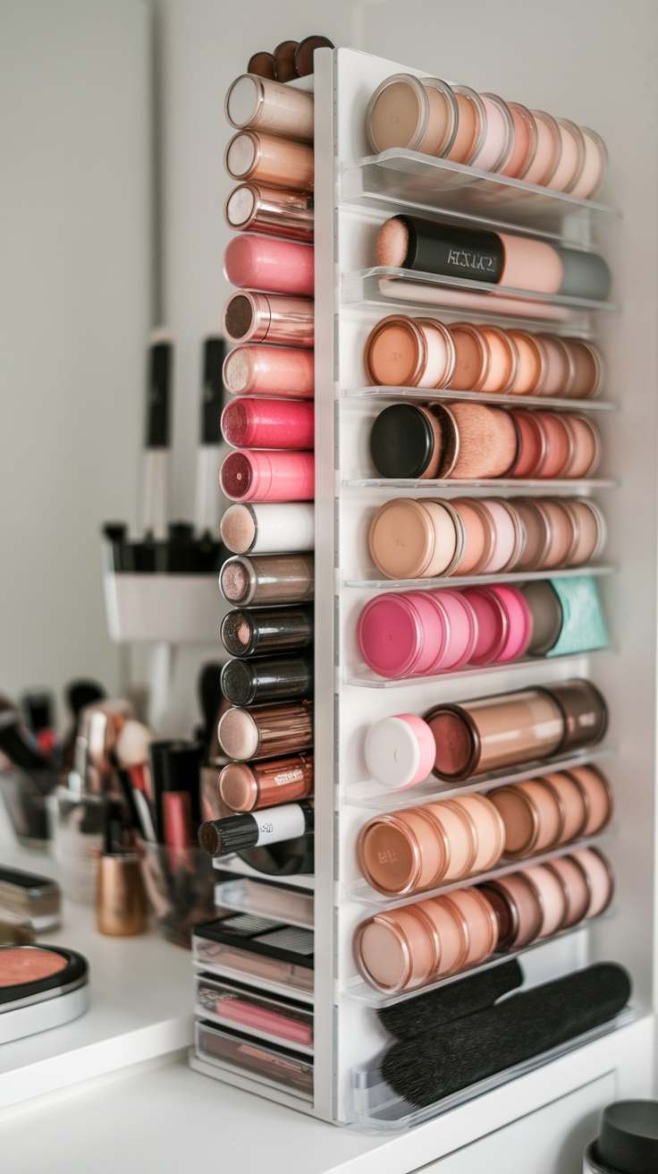 A vertical makeup organizer with various lipsticks, foundations, and brushes arranged neatly.