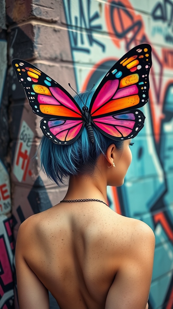 A woman with vibrant blue hair styled in a butterfly haircut, featuring colorful butterfly decorations, standing in front of a graffiti-covered wall.