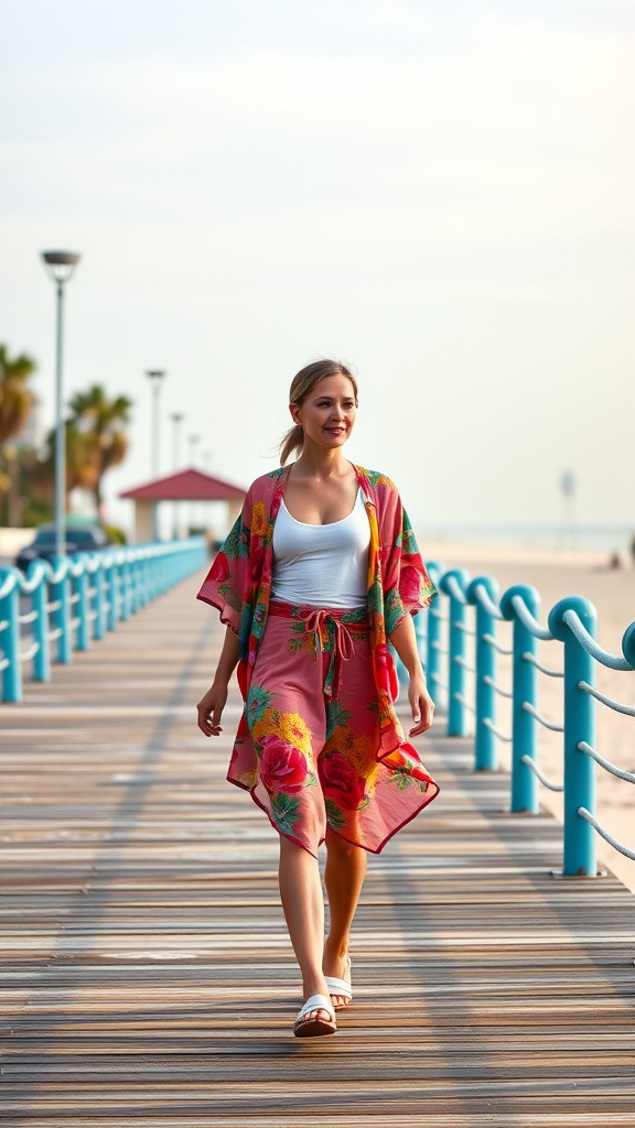 A woman walking on a boardwalk wearing a vibrant floral kimono over a white tank top, enjoying a sunny day.