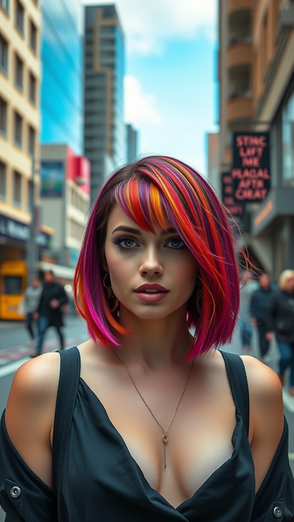 A woman with a vibrant layered bob hairstyle featuring pink, orange, and purple colors, standing in a city street.