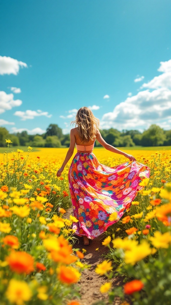 A woman wearing a colorful floral maxi skirt in a field of yellow flowers.
