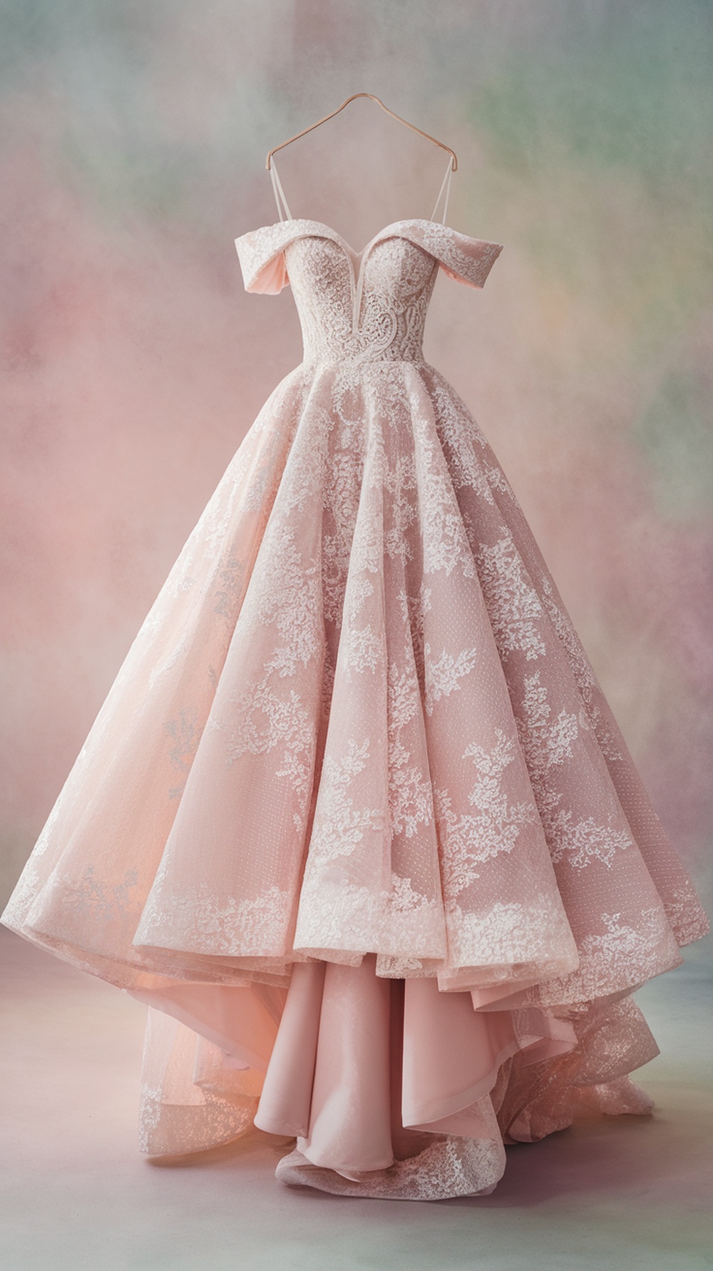 Chic off-the-shoulder wedding dress with lace details and flowing skirt in soft pink.
