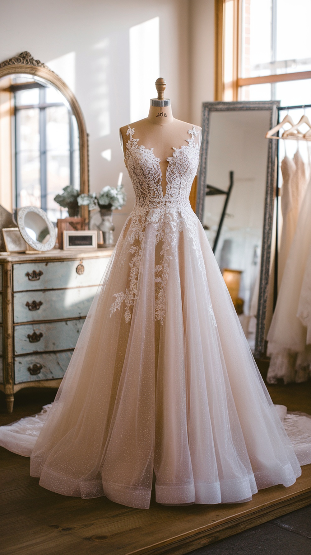 A stunning A-line wedding dress with lace details and a tulle skirt, displayed in a bright room.