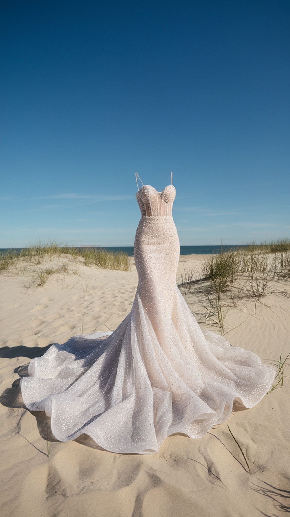 A stunning mermaid wedding dress with glittery fabric, set against a beach background.