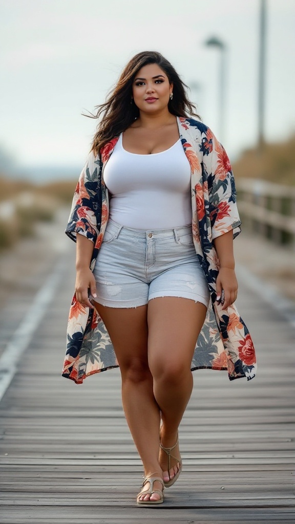 A model wearing a floral kimono over a white top and denim shorts, walking on a boardwalk.