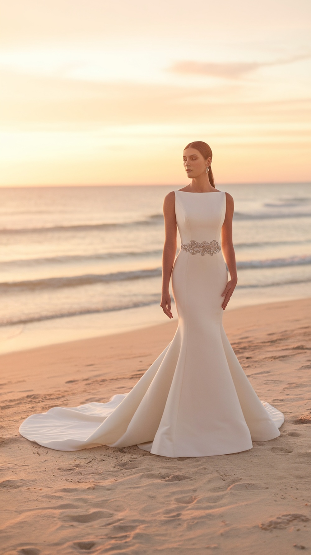 A bride in a mermaid wedding dress on the beach during sunset.