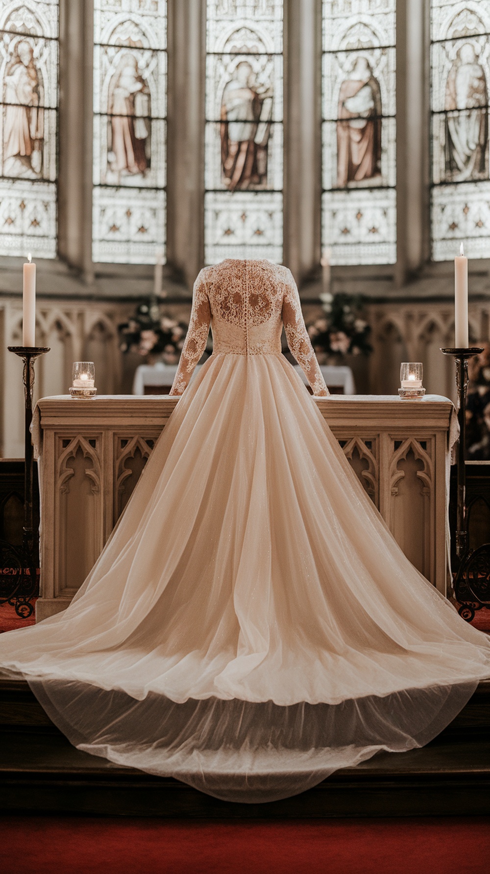 A beautiful A-Line wedding dress with a long train displayed in a serene church setting.
