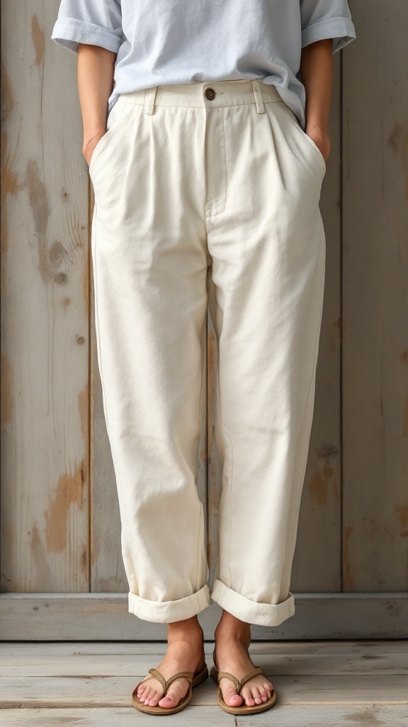 A person wearing cream-colored linen pants with a light blue shirt and sandals, standing against a wooden background.
