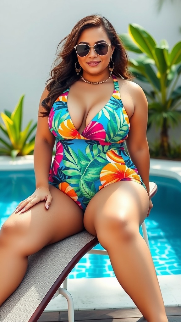 A plus size woman relaxing by the pool in a colorful floral one-piece swimsuit.