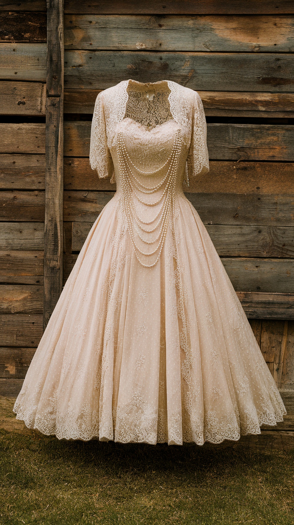 A vintage-inspired tea length wedding dress featuring lace details and pearl accents, displayed against a rustic wooden backdrop.
