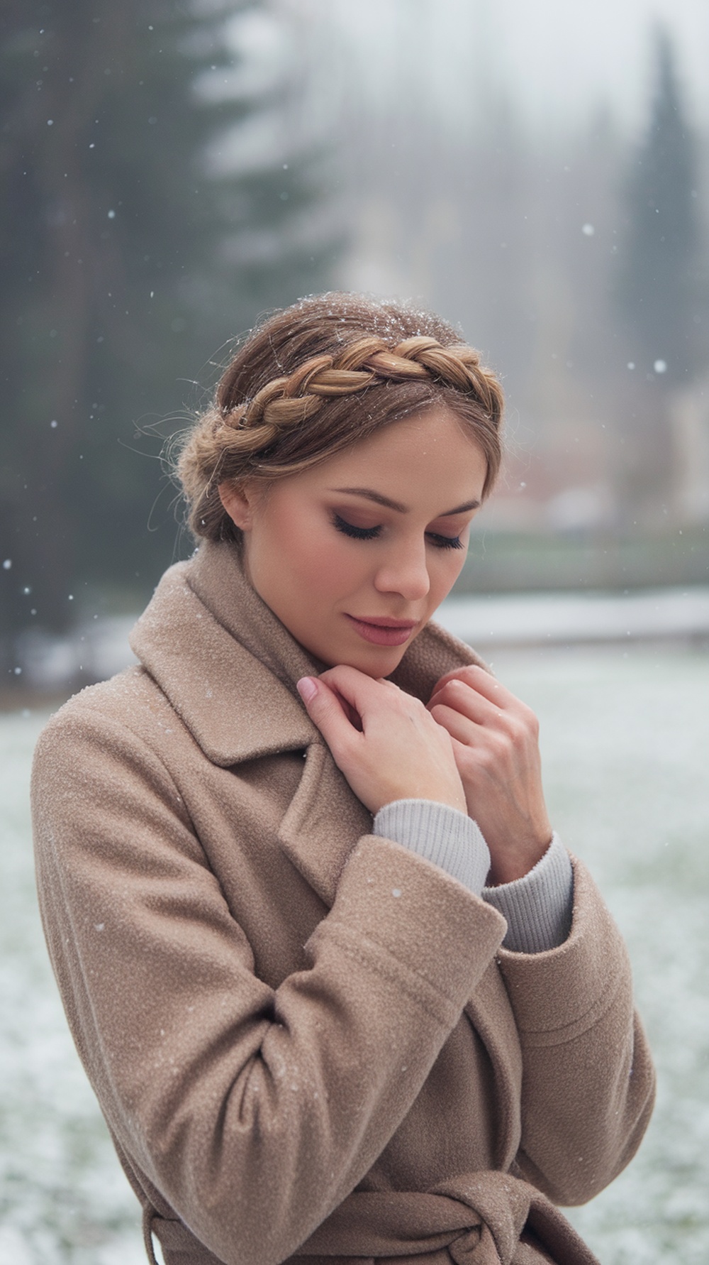 A woman with a braided crown hairstyle, wearing a stylish coat in a snowy winter setting.