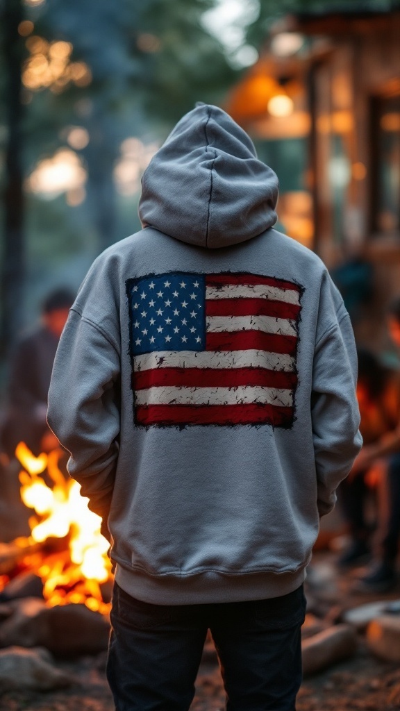A person wearing a grey hoodie with an American flag design on the back, standing near a campfire.