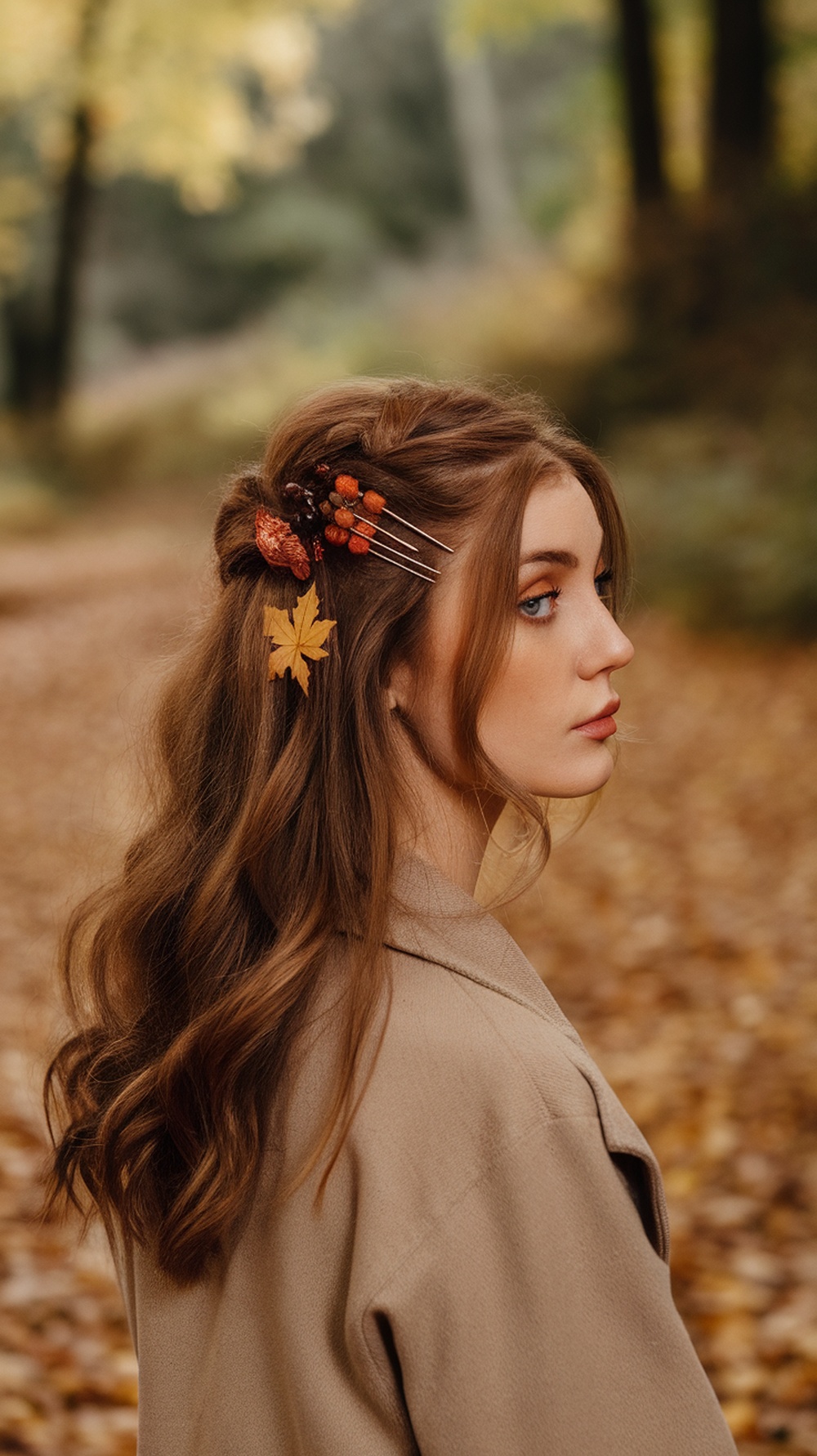 A woman with a half-up hairstyle featuring soft waves and autumn-themed hair accessories, set against a backdrop of fallen leaves.