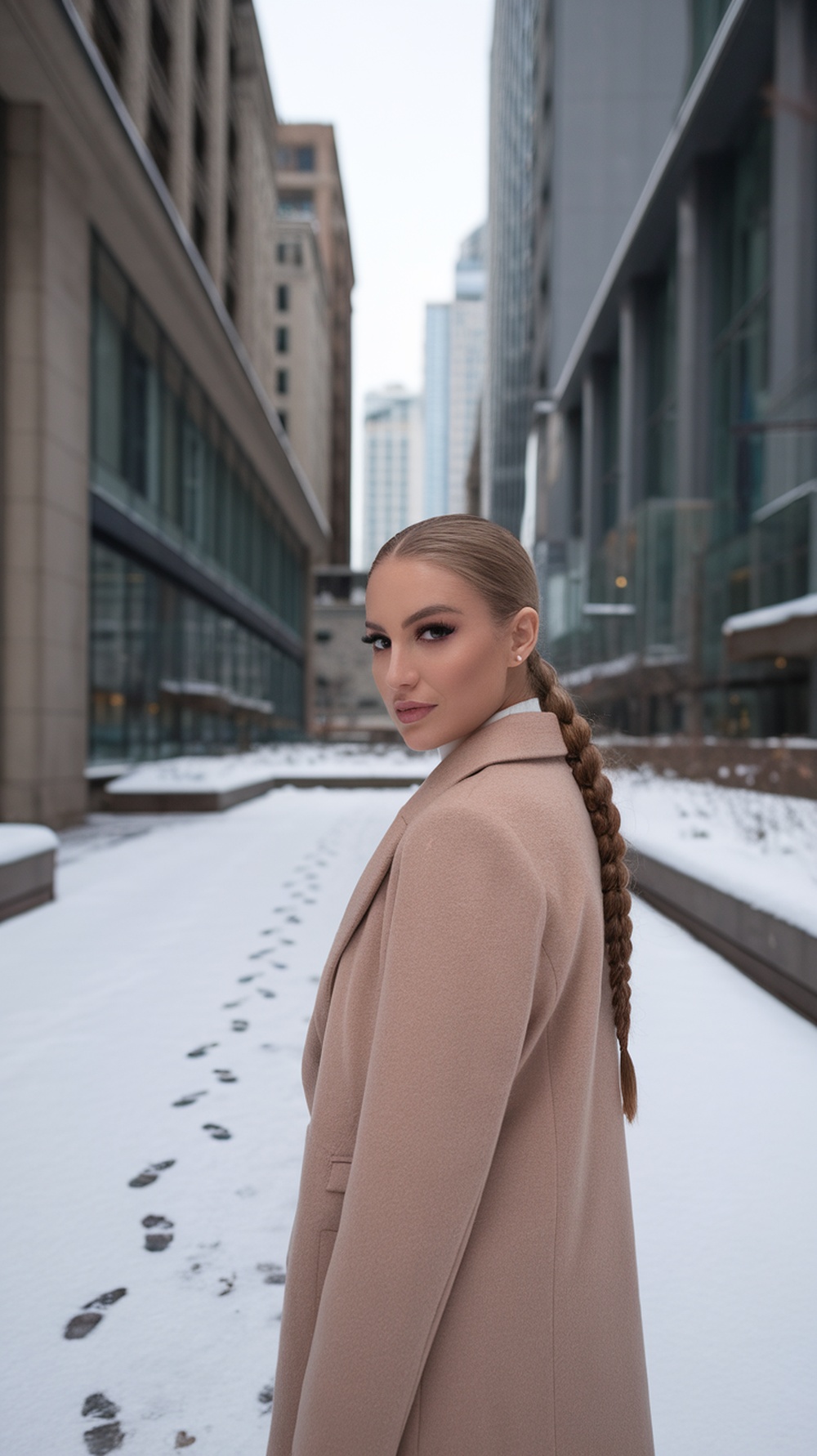A woman with a sophisticated side braid, wearing a beige coat, standing in a snowy city landscape.