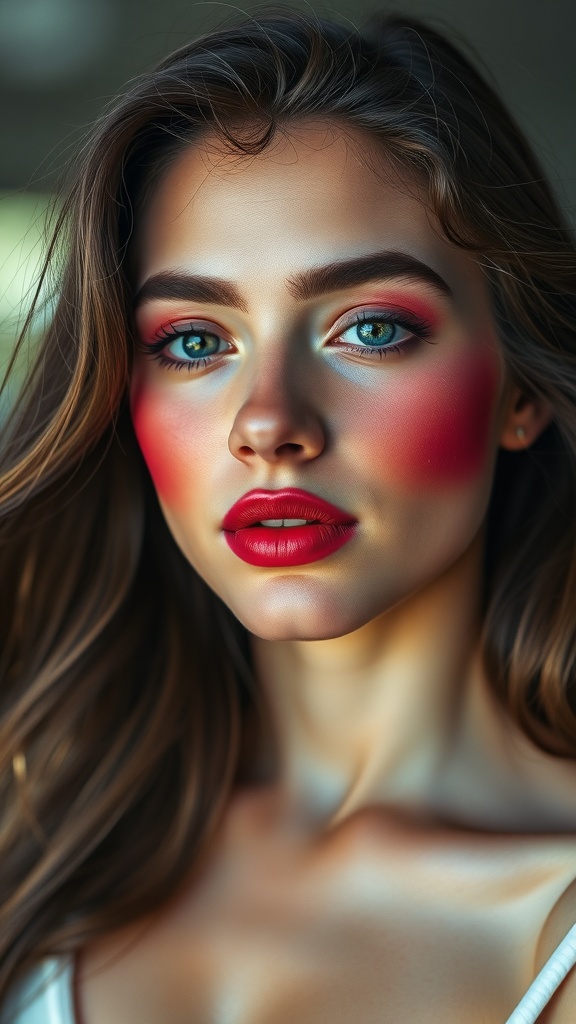 A model showcasing a vibrant blush ombre look with bold colors on her cheeks and lips.